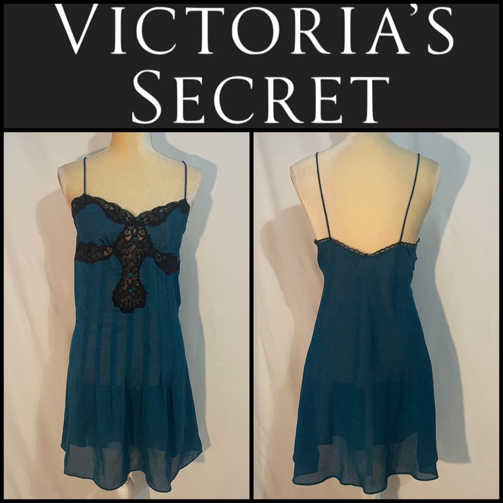 Vintage Gold Label Victoria’s Secret Teal &
Black Chemise Size Large - Picture 1 of 8